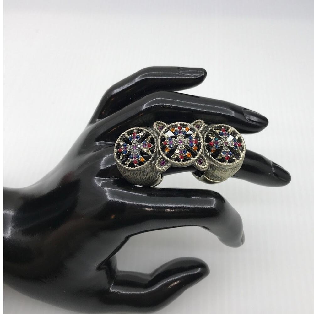 Whimsigoth Multicolor Crystal Silver-Tone Stretchy Statement Full Finger Ring 9